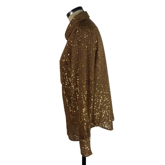 Anthropologie Remie Sequin Button Front Shirt Blouse Large Gold Bronze Top - Picture 5 of 13